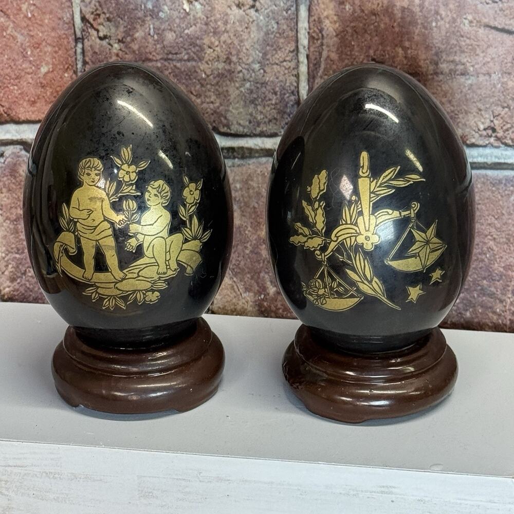 Pair of 2 Fine Porcelain Limoges Gold Gilded and Black Footed Eggs 5.5"